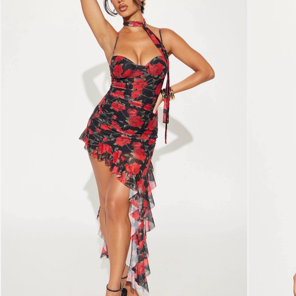 Fashion Nova Black and Red Floral High Low Dress - Picture 4 of 4